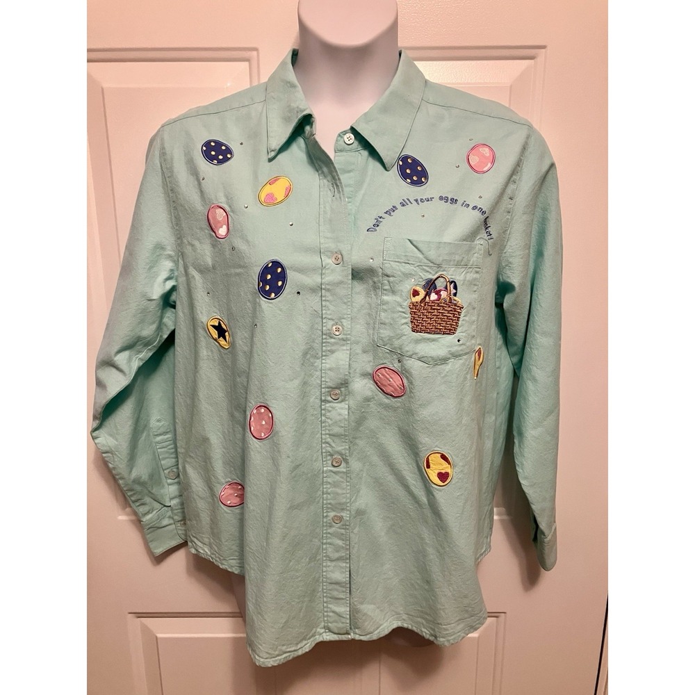 Quacker Factory Easter Basket Eggs Shirt Sz Large Button-Up Women’s